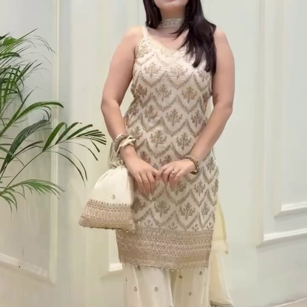 Lehenga Mart Designer Sequence Embroidery Top And Palazzo With Dupatta Set-White