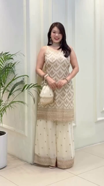 Thumbnail for Lehenga Mart Designer Sequence Embroidery Top And Palazzo With Dupatta Set-White