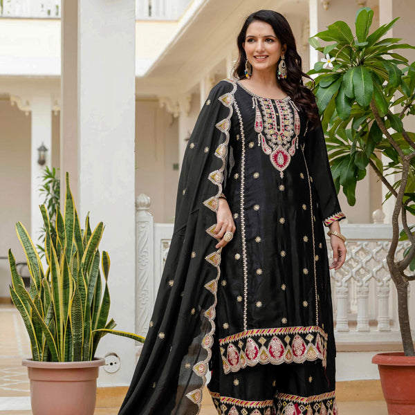 Lehenga Mart Designer Sequence Embroidery On Silk Fabric Top And Palazzo With Dupatta-Black