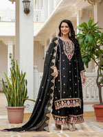 Thumbnail for Lehenga Mart Designer Sequence Embroidery On Silk Fabric Top And Palazzo With Dupatta-Black