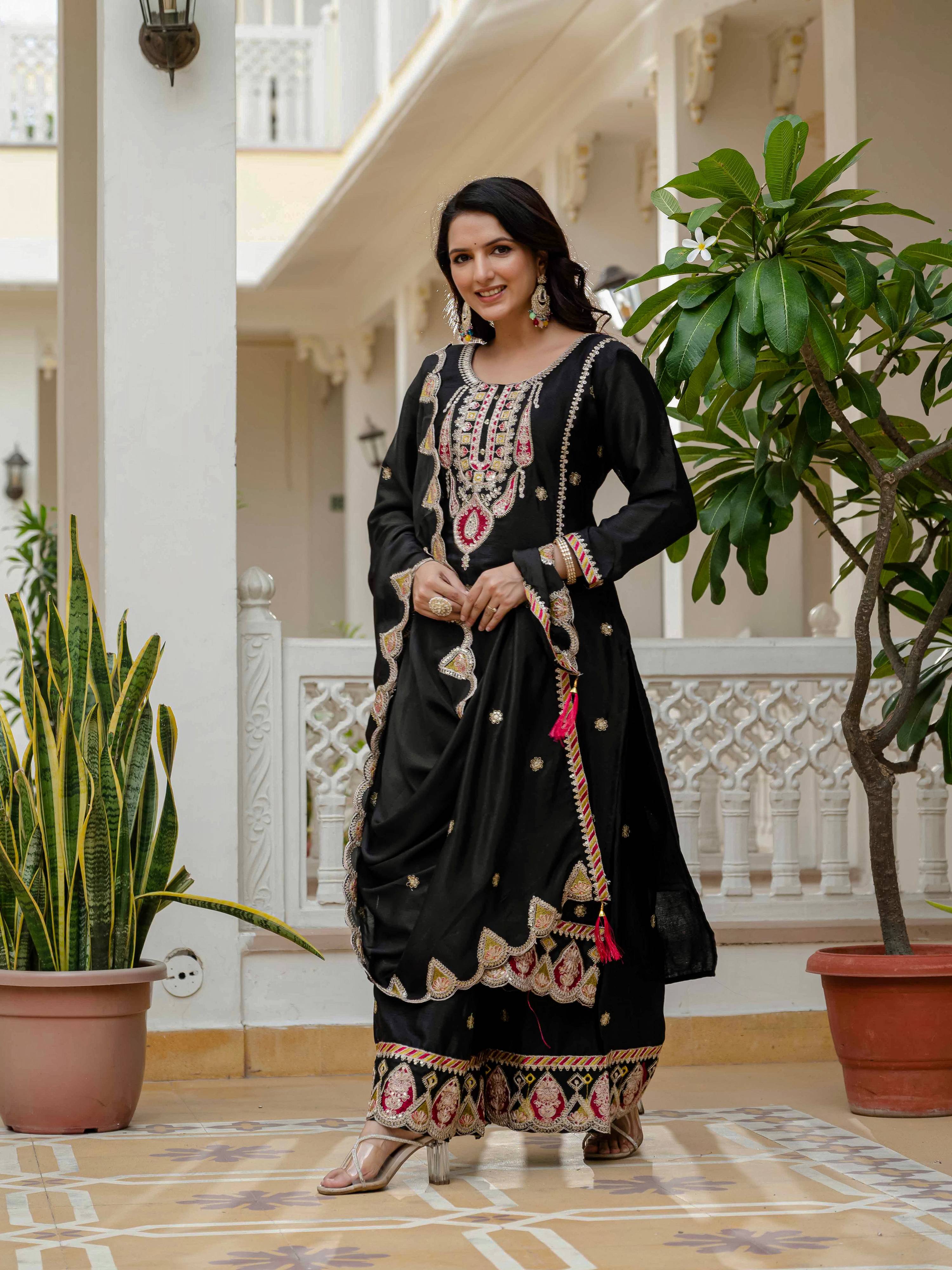 Lehenga Mart Designer Sequence Embroidery On Silk Fabric Top And Palazzo With Dupatta-Black