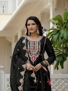 Lehenga Mart Designer Sequence Embroidery On Silk Fabric Top And Palazzo With Dupatta-Black