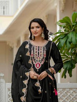 Thumbnail for Lehenga Mart Designer Sequence Embroidery On Silk Fabric Top And Palazzo With Dupatta-Black