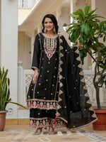 Thumbnail for Lehenga Mart Designer Sequence Embroidery On Silk Fabric Top And Palazzo With Dupatta-Black