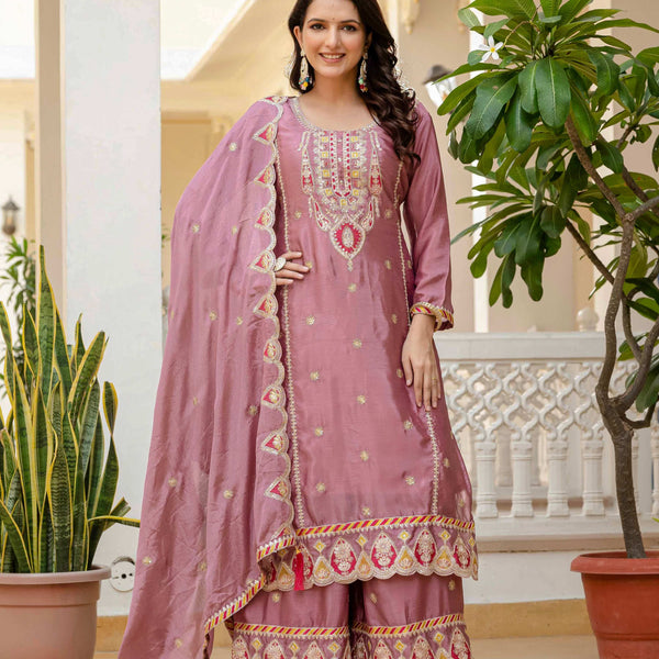 Lehenga Mart Designer Sequence Embroidery On Silk Fabric Top And Palazzo With Dupatta-Multicolor