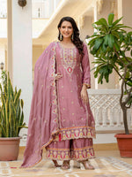 Thumbnail for Lehenga Mart Designer Sequence Embroidery On Silk Fabric Top And Palazzo With Dupatta-Multicolor