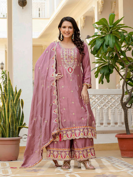 Lehenga Mart Designer Sequence Embroidery On Silk Fabric Top And Palazzo With Dupatta-Multicolor