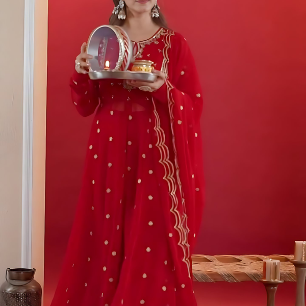 Lehenga Mart Designer Embroidery Sequence Work Gown Palazzo With Dupatta Set-Red - Distacart