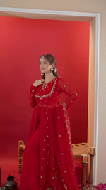 Thumbnail for Lehenga Mart Designer Embroidery Sequence Work Gown Palazzo With Dupatta Set-Red