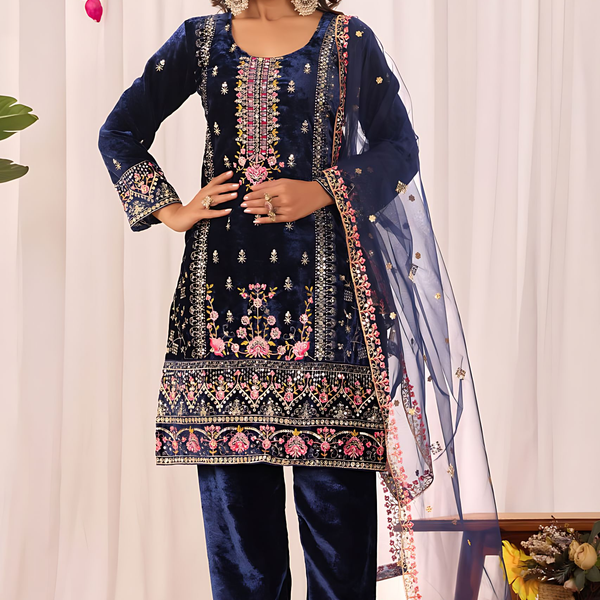 Lehenga Mart Designer Velvet Sequence Embroidery Work Suit Pant With Dupatta Set-Blue - Distacart