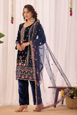 Thumbnail for Lehenga Mart Designer Velvet Sequence Embroidery Work Suit Pant With Dupatta Set-Blue