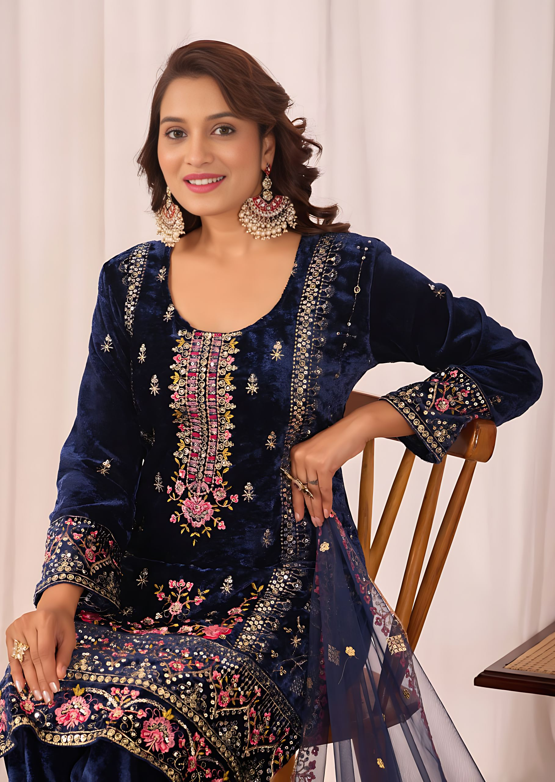 Lehenga Mart Designer Velvet Sequence Embroidery Work Suit Pant With Dupatta Set-Blue