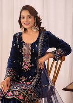 Thumbnail for Lehenga Mart Designer Velvet Sequence Embroidery Work Suit Pant With Dupatta Set-Blue