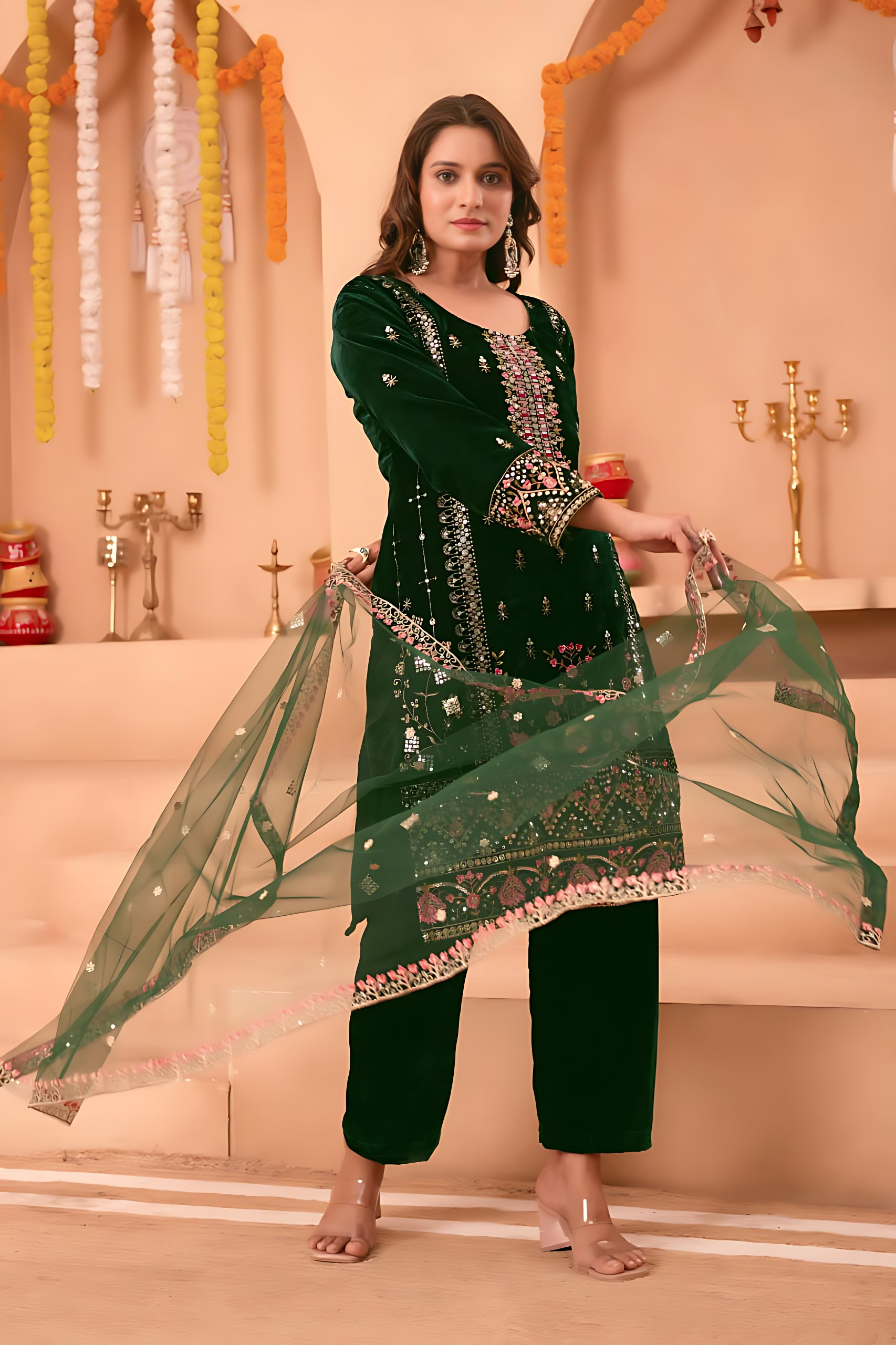Lehenga Mart Designer Velvet Sequence Embroidery Work Suit Pant With Dupatta Set-Green