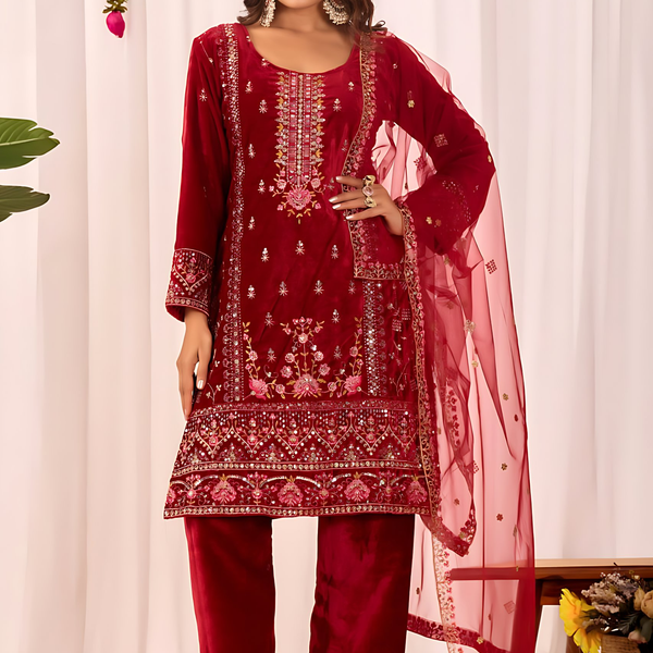 Lehenga Mart Designer Velvet Sequence Embroidery Work Suit Pant With Dupatta Set-Red - Distacart