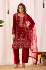 Thumbnail for Lehenga Mart Designer Velvet Sequence Embroidery Work Suit Pant With Dupatta Set-Red