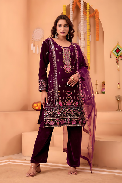 Lehenga Mart Designer Velvet Sequence Embroidery Work Suit Pant With Dupatta Set-Wine