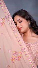 Thumbnail for Lehenga Mart Designer Salwar Suit With Kurta Pant Dupatta For Women-Peach - Dista