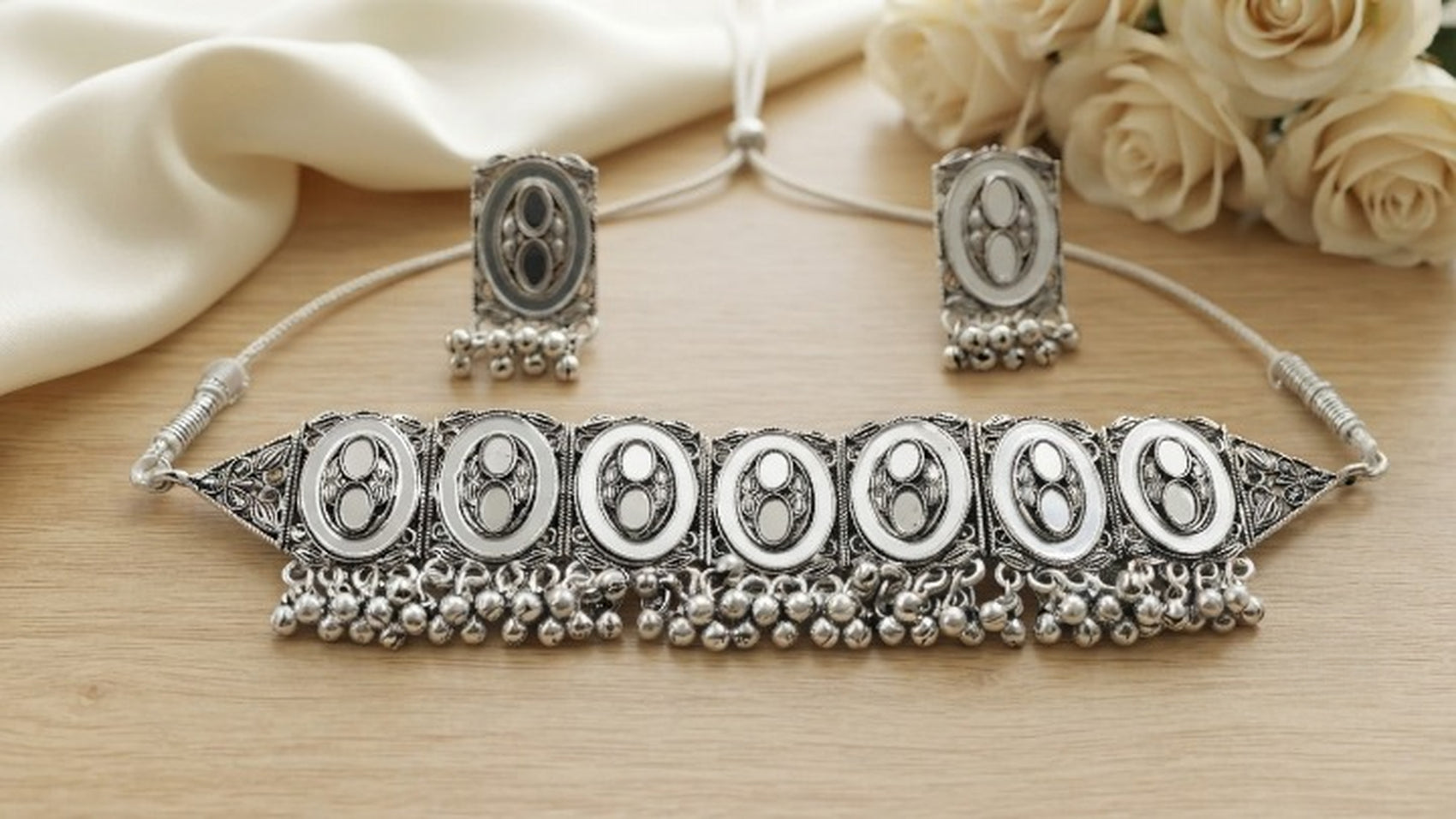 Jewel City Oxidized Silver Mirror Choker Set, Ethnic Jewelry For Women - Dista