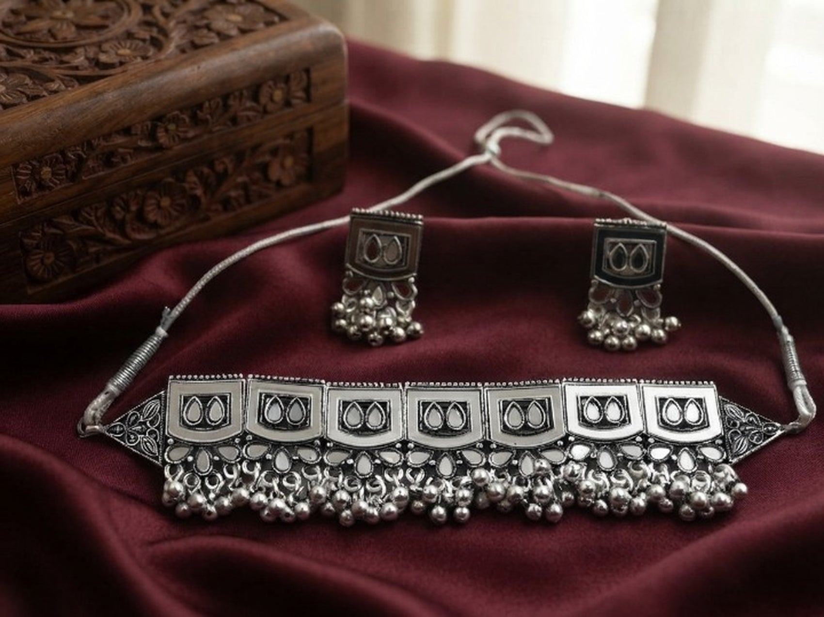 Jewel City Oxidized Silver Mirror Choker Set, Traditional Ethnic Jewelry For Women - Dista