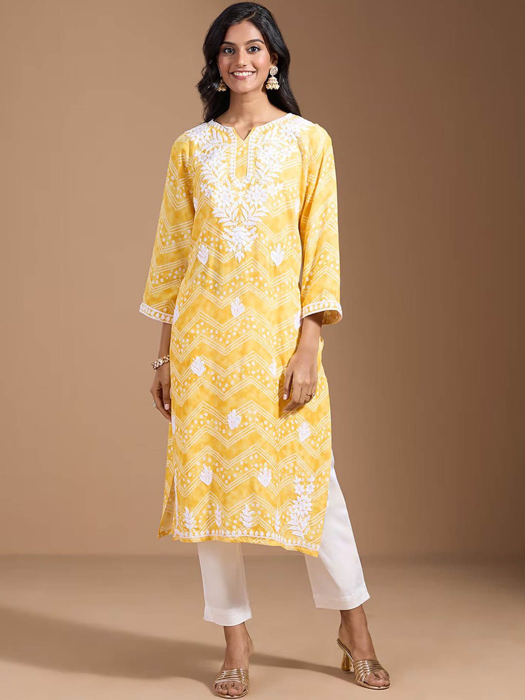 Ode by House of Pataudi Women Geometric Embroidered Flared Sleeves Chikankari Kurta - Distacart