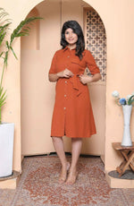 Thumbnail for Miravan Womens Rust Solid Midi Dress And Side Belt
