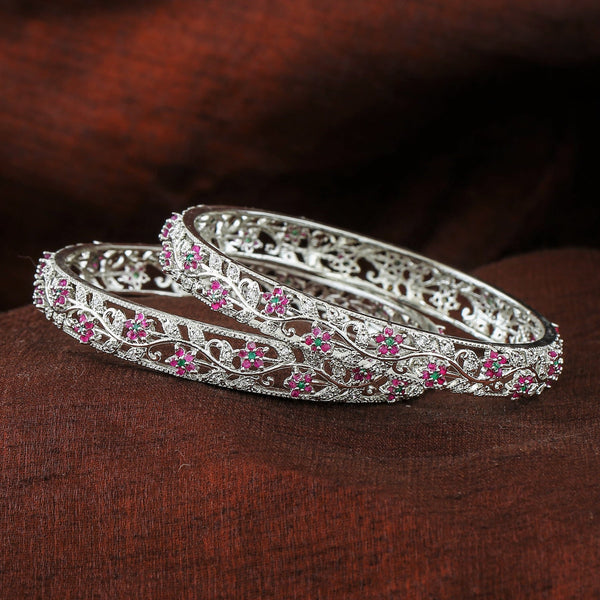 Estele Rhodium Plated CZ Fascinating Floral Designer Bangles with Ruby & Green Crystals for Women - Distacart
