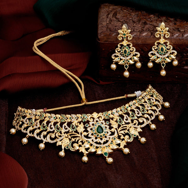 Estele Gold-Polished CZ Magnificent Bridal Choker Necklace Set with Green Stones & Pearls for Women - Distacart