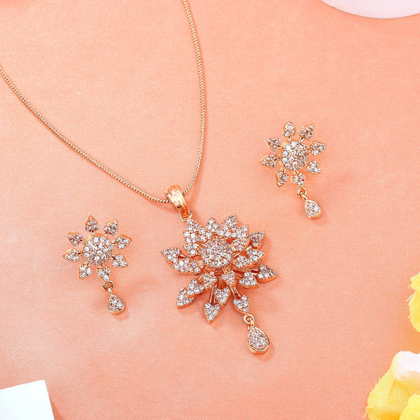 Estele Rose Gold-Polished Stunning Floral Designer Pendant Set with White American Diamonds for Girls & Women - Distacart