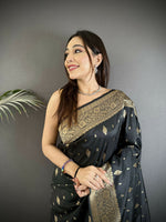 Thumbnail for Joban Fashion Black Zari Weaving Motif Lichi Silk Banarasi Silk Saree - Distacart