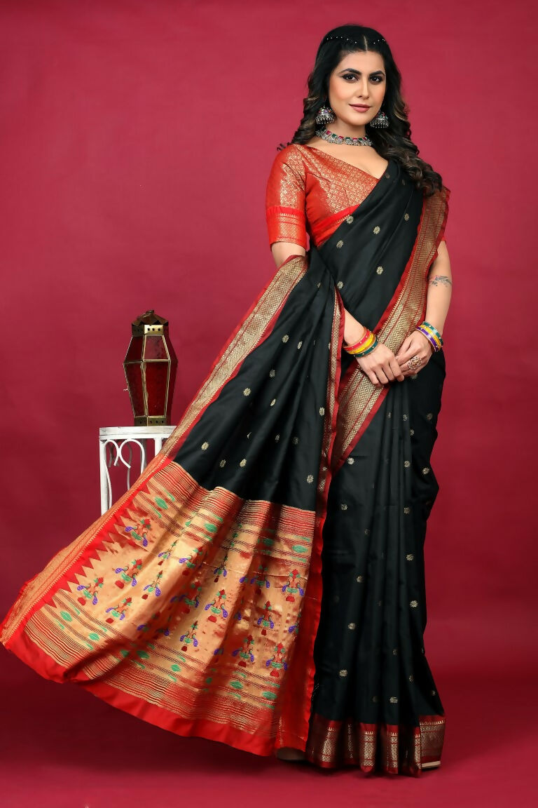 Jyoti Fashion Women's Black Paithani Silk Zari Woven Saree with Blouse - Distacart