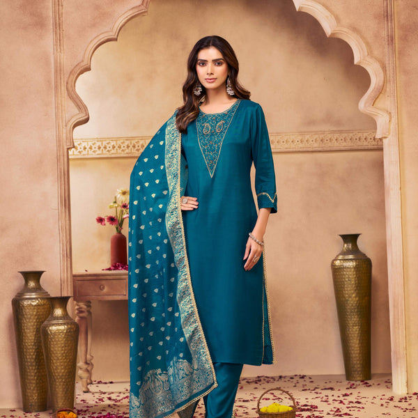 BulBul Adab Muslin Teal Kurta Set with Dupatta