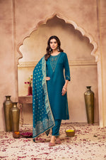 Thumbnail for BulBul Adab Muslin Teal Kurta Set with Dupatta