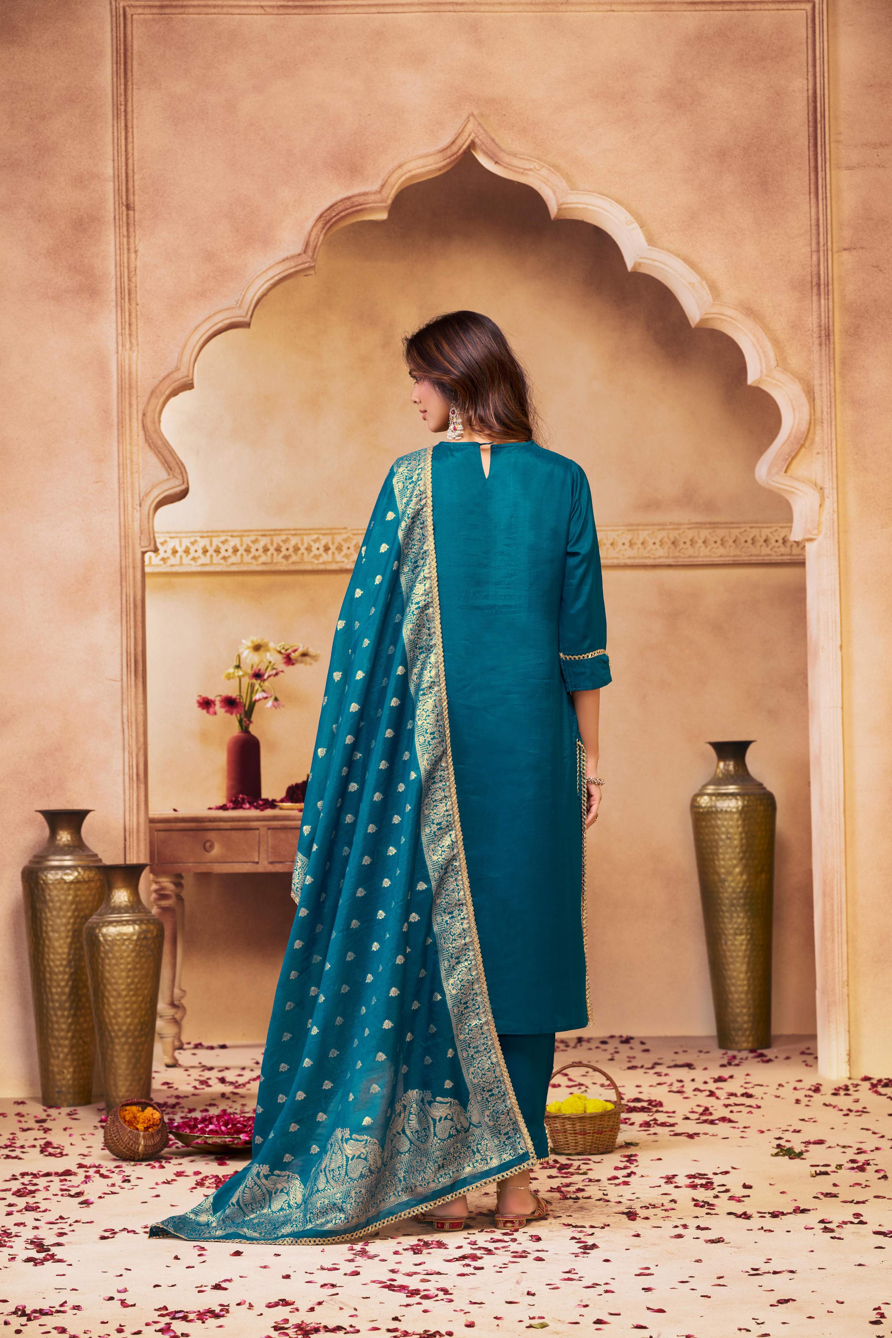 BulBul Adab Muslin Teal Kurta Set with Dupatta