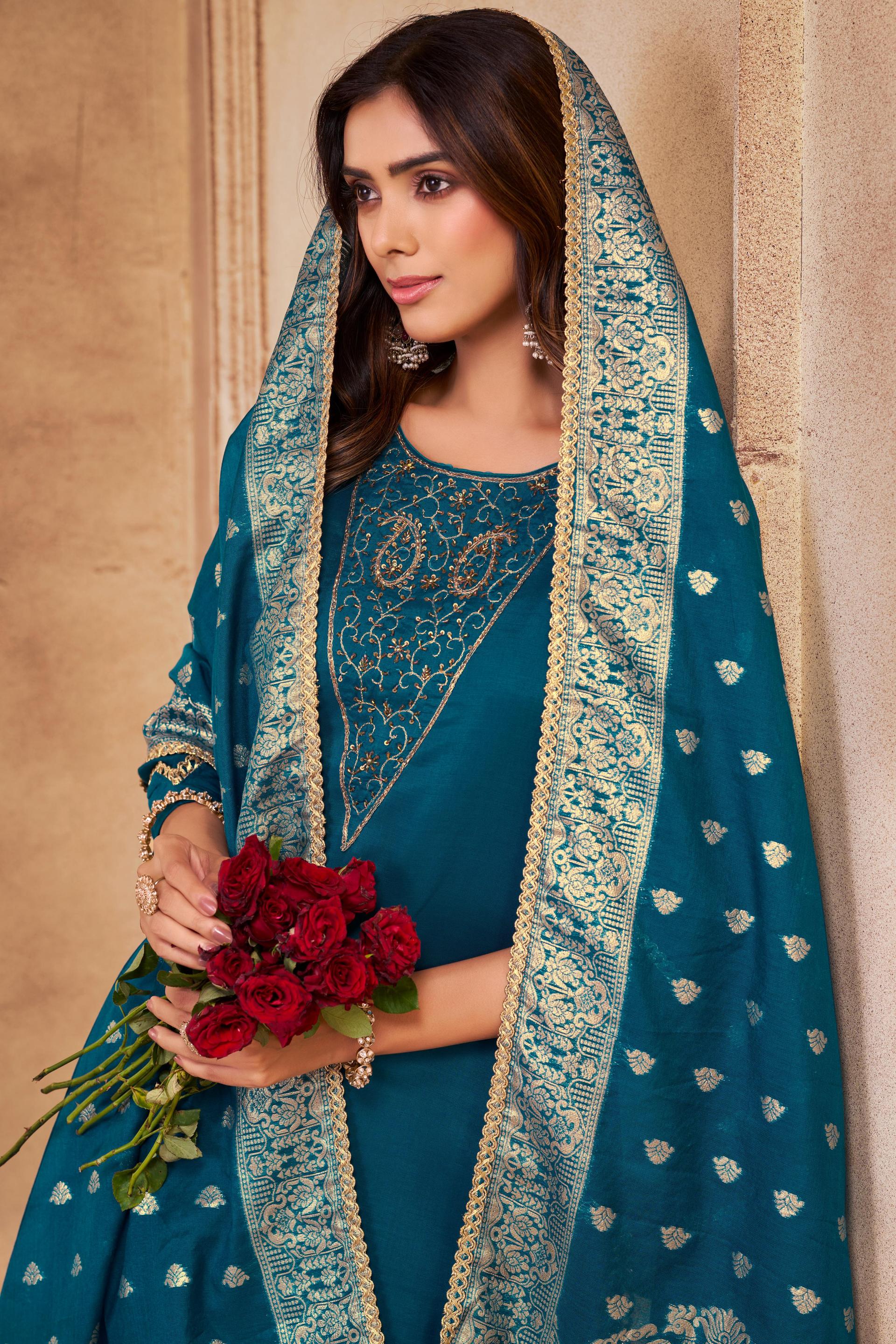 BulBul Adab Muslin Teal Kurta Set with Dupatta