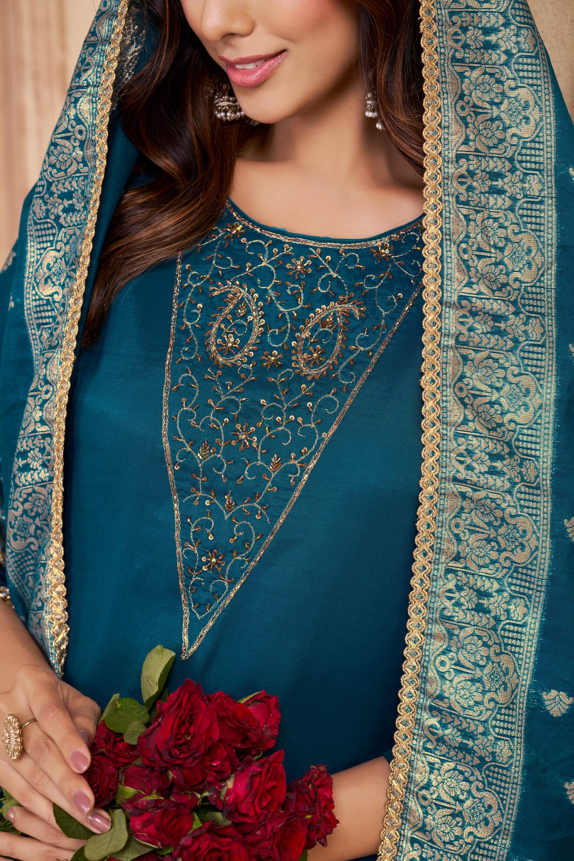 BulBul Adab Muslin Teal Kurta Set with Dupatta