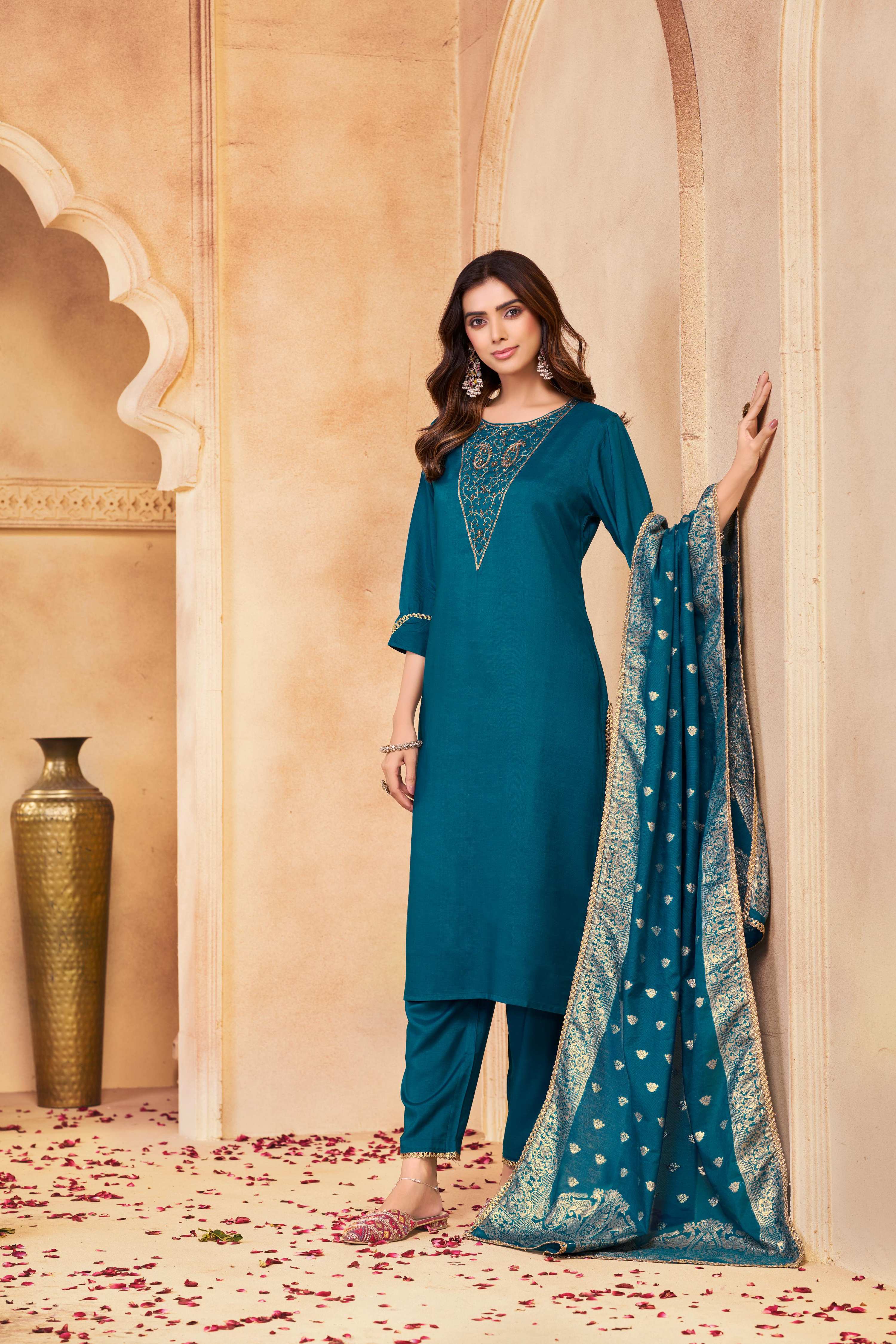 BulBul Adab Muslin Teal Kurta Set with Dupatta