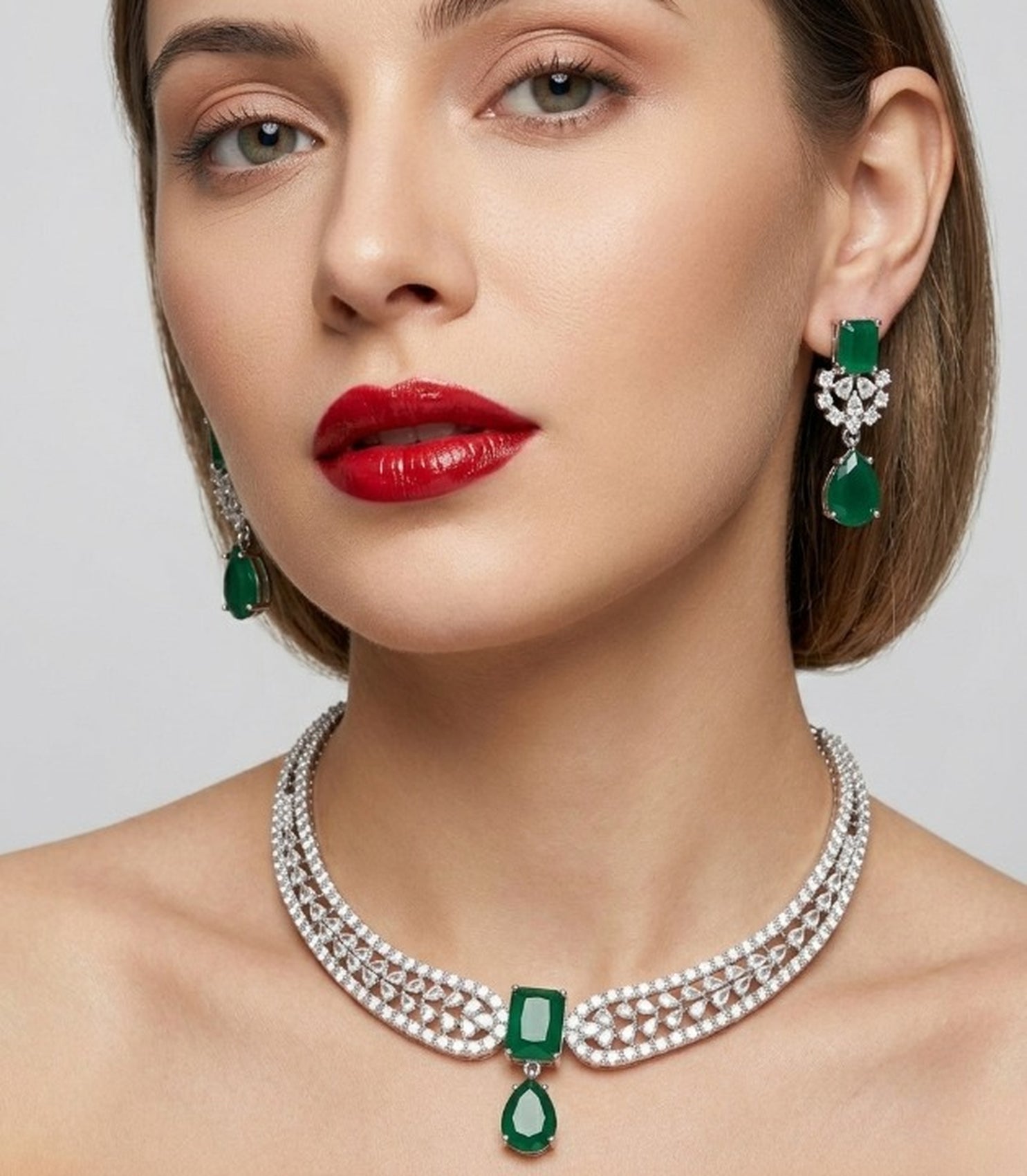 Jewel City Stunning CZ Diamond American Diamond Necklace Set with Drop Earrings - Bridal, Wedding, Party Wear - Distacart