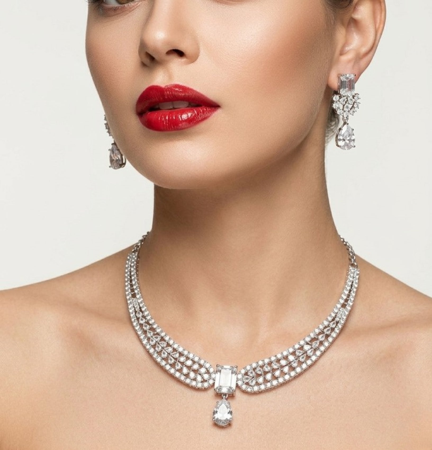 Jewel City Stunning CZ Diamond American Diamond Necklace Set with Drop Earrings - Bridal, Wedding, Party Wear - Distacart