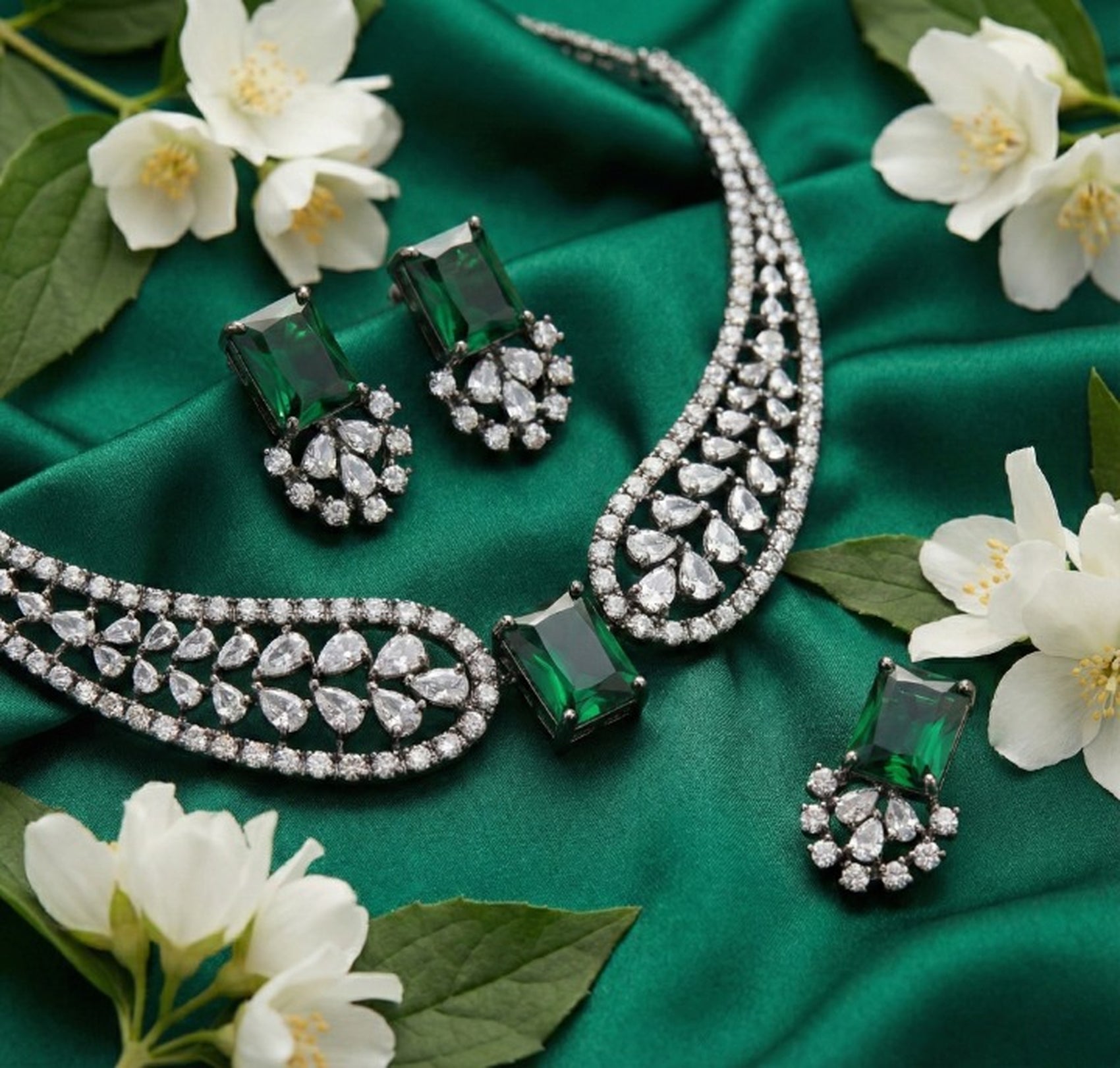 Jewel City Stunning Green American Diamond Necklace Set - Distacart