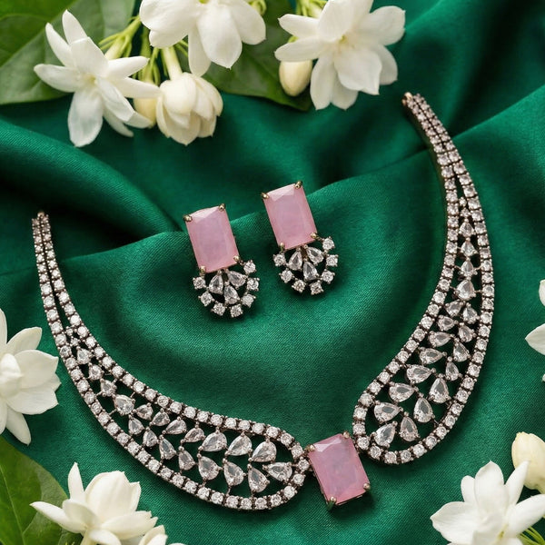 Jewel City Pink American Diamond Necklace Set - Distacart