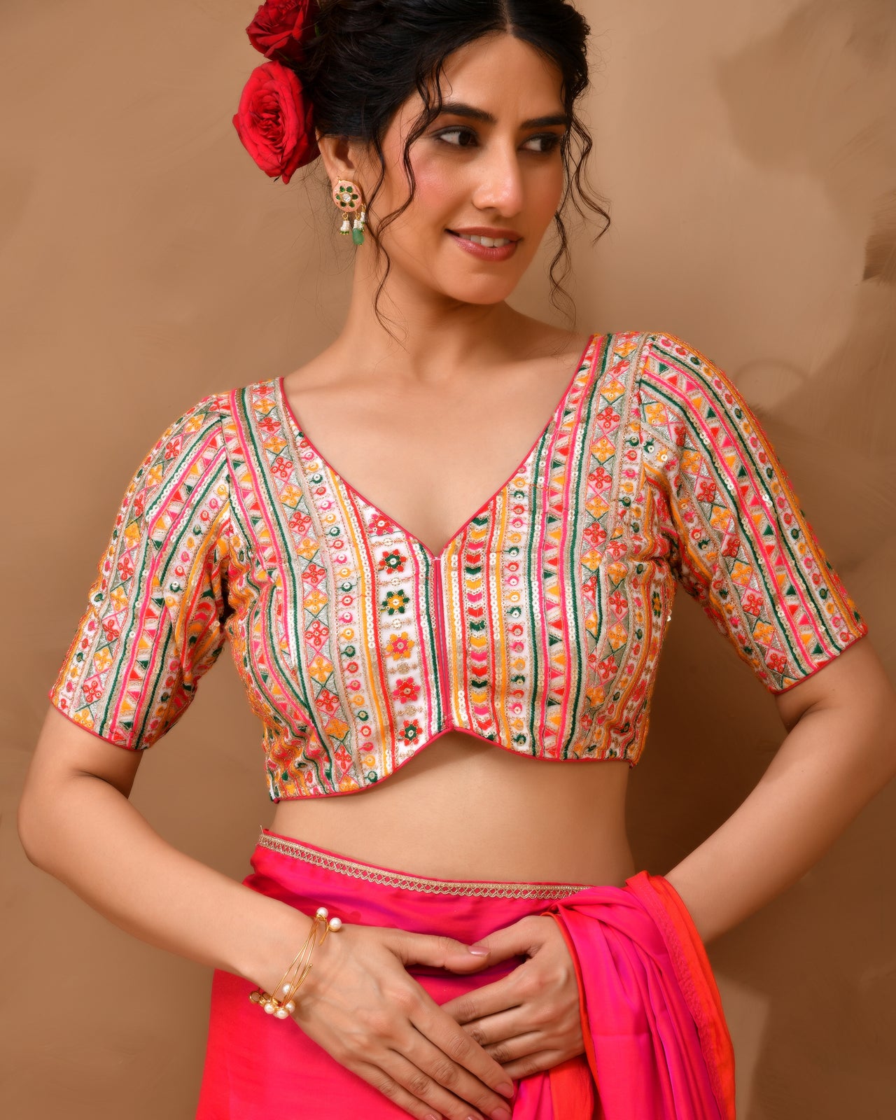 Amodini Designer Studio Women's Multicolored Embroidered Blouse with sleeves - Distacart