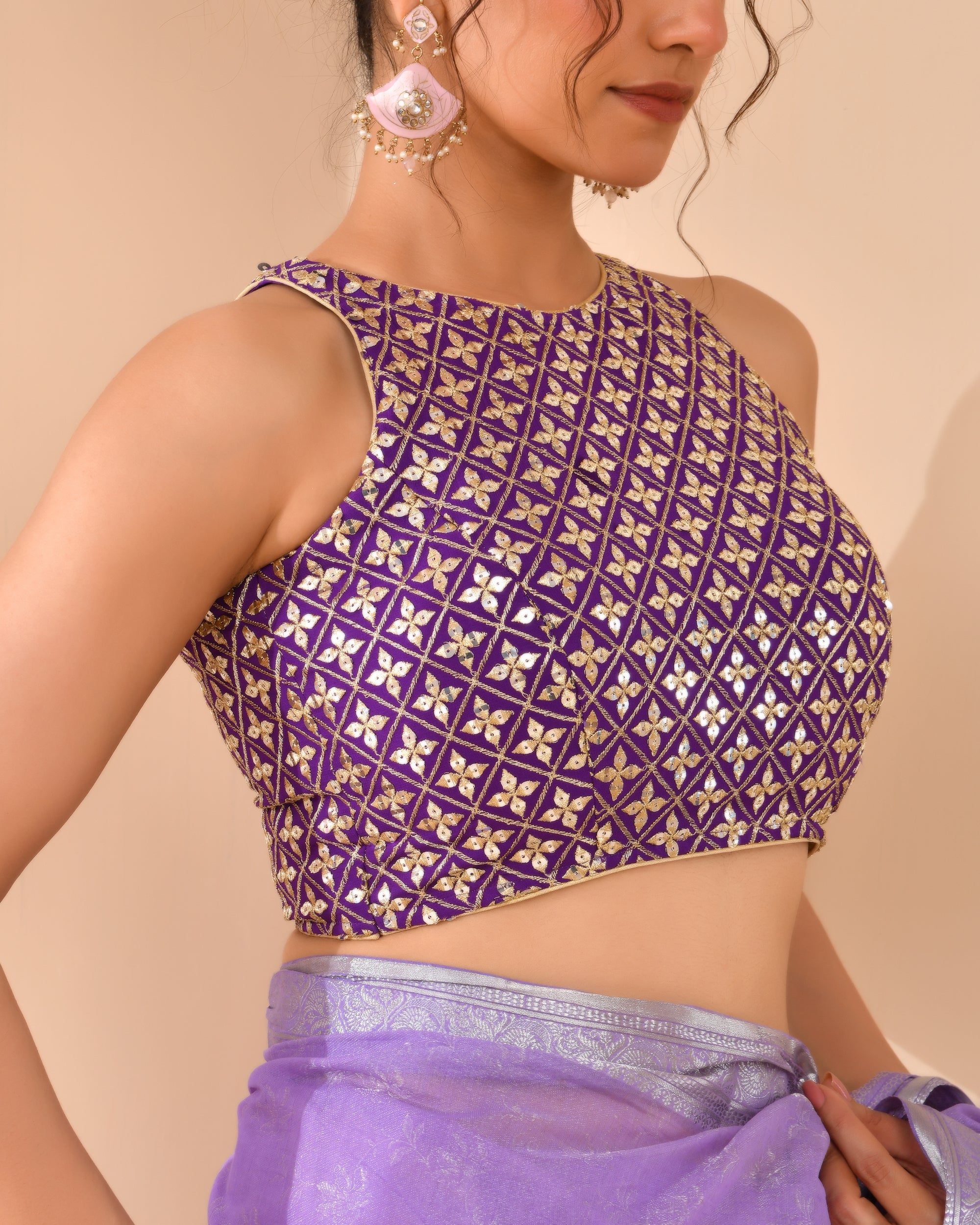 Amodini Designer Studio Women's Mirror Work High Neck Purple Blouse - Distacart