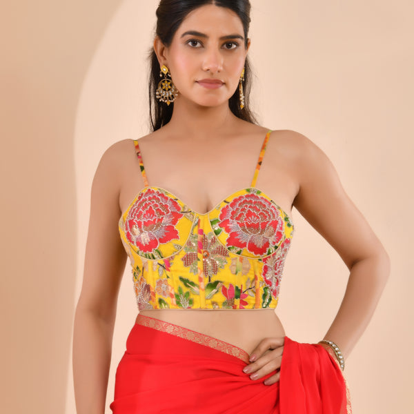 Amodini Designer Studio Women's Organza Floral Handwork Corset Style Yellow Blouse - Distacart