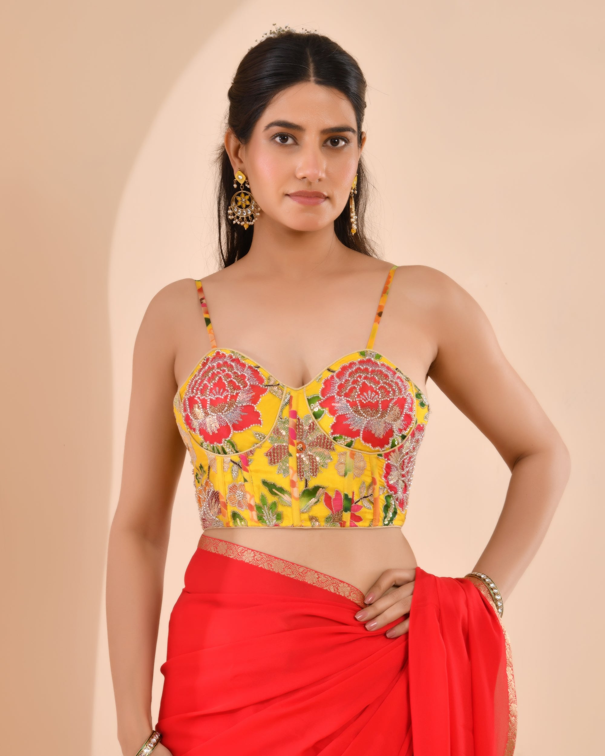 Amodini Designer Studio Women's Organza Floral Handwork Corset Style Yellow Blouse - Distacart