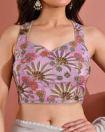 Thumbnail for Amodini Designer Studio Women's Position Print Sequined Embellished Halter Neck Lavender Blouse - Distacart