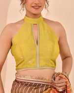 Thumbnail for Amodini Designer Studio Women's Lime Green Embroidered Keyhole Neck Tissue Blouse - Distacart