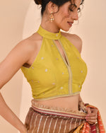 Thumbnail for Amodini Designer Studio Women's Lime Green Embroidered Keyhole Neck Tissue Blouse - Distacart