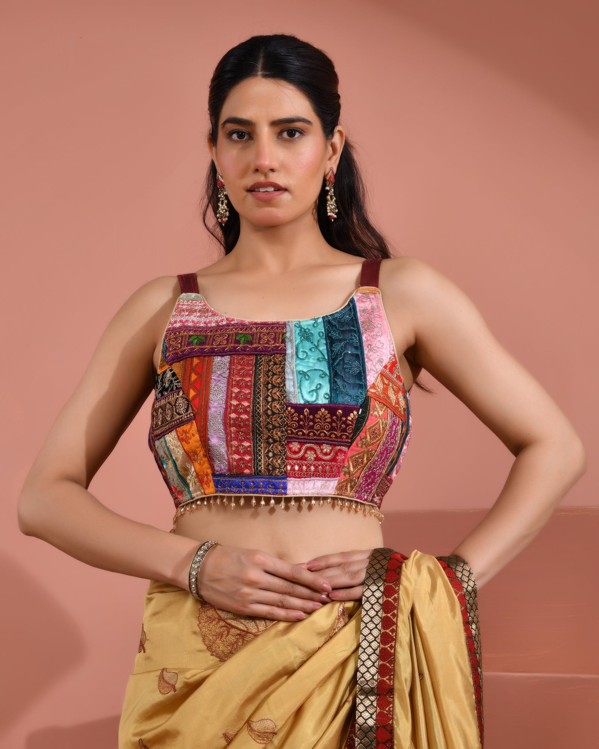 Amodini Designer Studio Women's Multi Colored Patchwork Round Neck Silk Blouse with Lace - Distacart