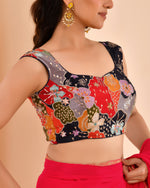 Thumbnail for Amodini Designer Studio Women's Navy Blue Floral Position Print Sweetheart Neck Blouse Sleeveless - Distacart